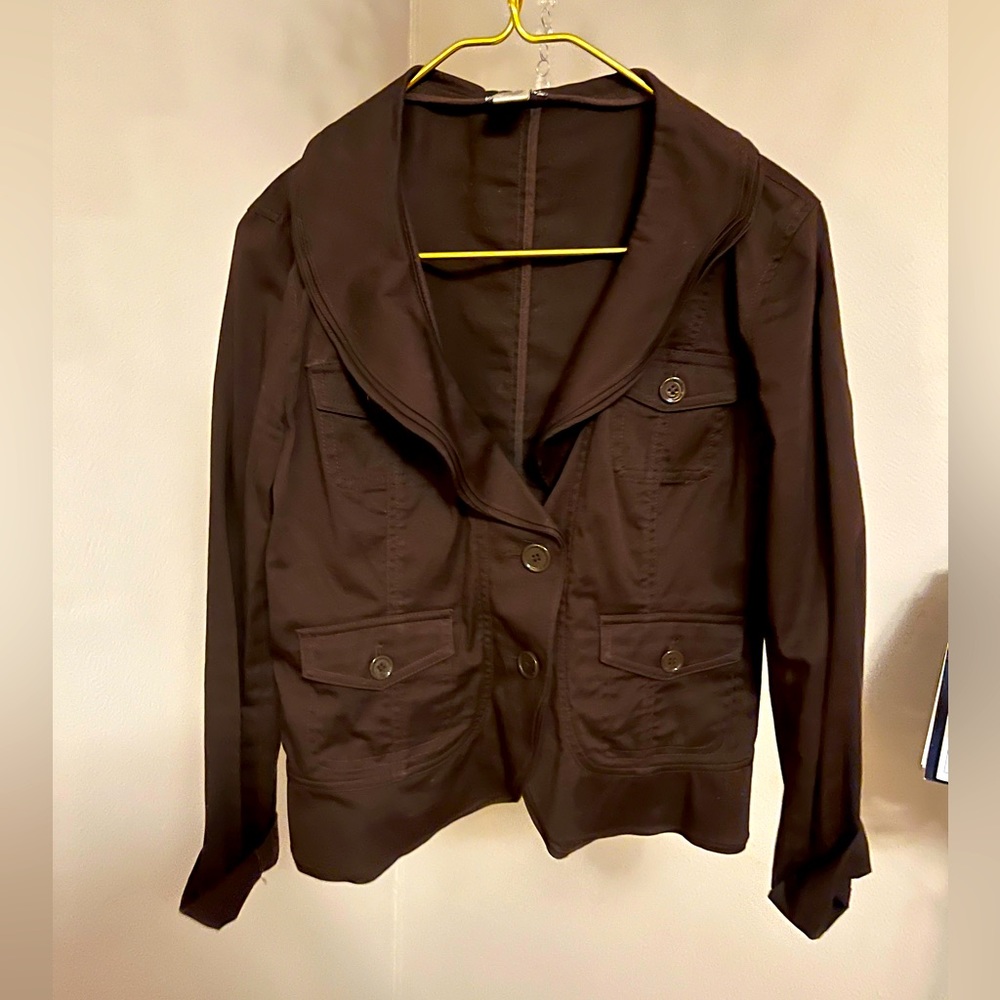 Brown Cotton Spandex Long Sleeve Ruffled Collar Jacket